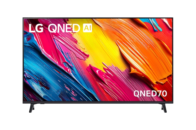 Front view of LG QNED TV, LG QNED Al Logo on the top corner. LG QNED TV depicts colorful paintike textures coming together.