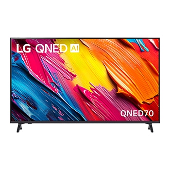 Front view of LG QNED TV, LG QNED Al Logo on the top corner. LG QNED TV depicts colorful paintike textures coming together.