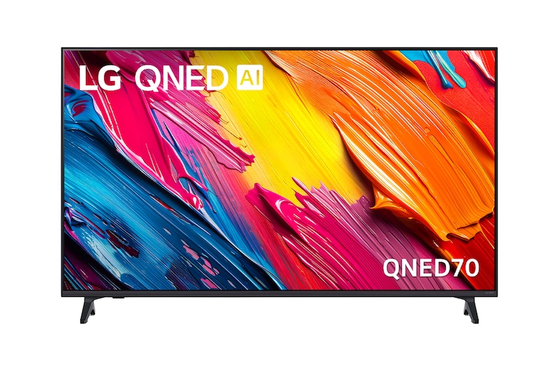Front view of LG QNED TV, LG QNED Al Logo on the top corner. LG QNED TV depicts colorful paintike textures coming together.