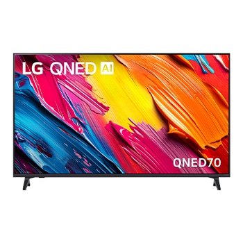 Front view of LG QNED TV, LG QNED Al Logo on the top corner. LG QNED TV depicts colorful paintike textures coming together.