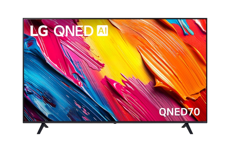Front view of LG QNED TV, LG QNED Al Logo on the top corner. LG QNED TV depicts colorful paintike textures coming together.