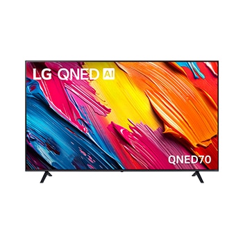 Front view of LG QNED TV, LG QNED Al Logo on the top corner. LG QNED TV depicts colorful paintike textures coming together.