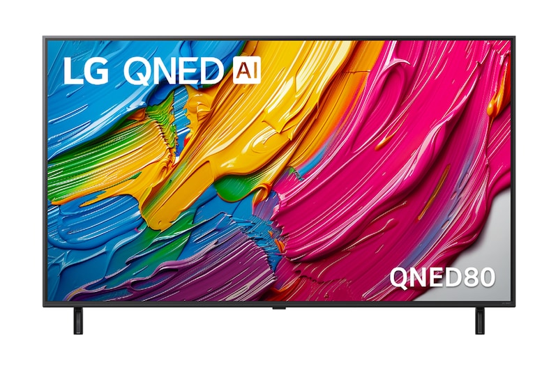 Front view of LG QNED TV, LG QNED Al Logo on the top corner. LG QNED TV depicts colorful paintike textures coming together.