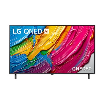 Front view of LG QNED TV, LG QNED Al Logo on the top corner. LG QNED TV depicts colorful paintike textures coming together.