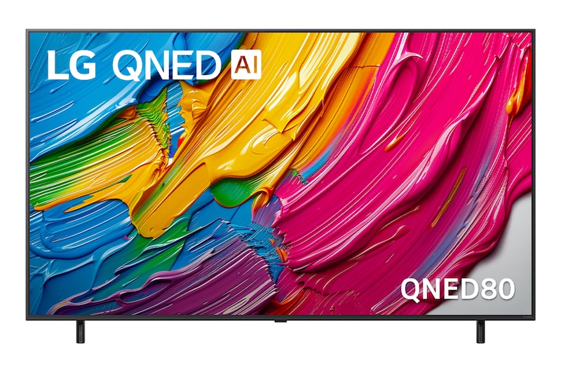 Front view of LG QNED TV, LG QNED Al Logo on the top corner. LG QNED TV depicts colorful paintike textures coming together.