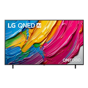 Front view of LG QNED TV, LG QNED Al Logo on the top corner. LG QNED TV depicts colorful paintike textures coming together.