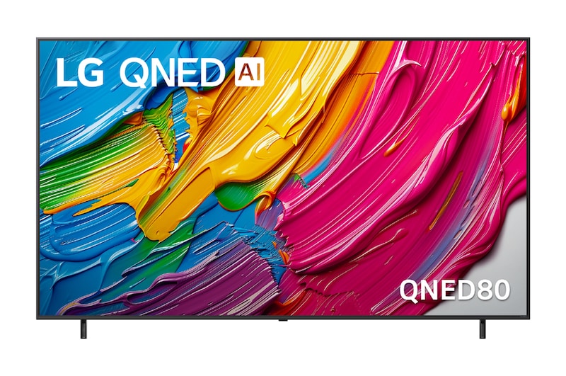 Front view of LG QNED TV, LG QNED Al Logo on the top corner. LG QNED TV depicts colorful paintike textures coming together.