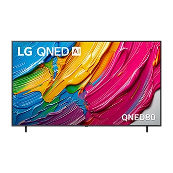 Front view of LG QNED TV, LG QNED Al Logo on the top corner. LG QNED TV depicts colorful paintike textures coming together.