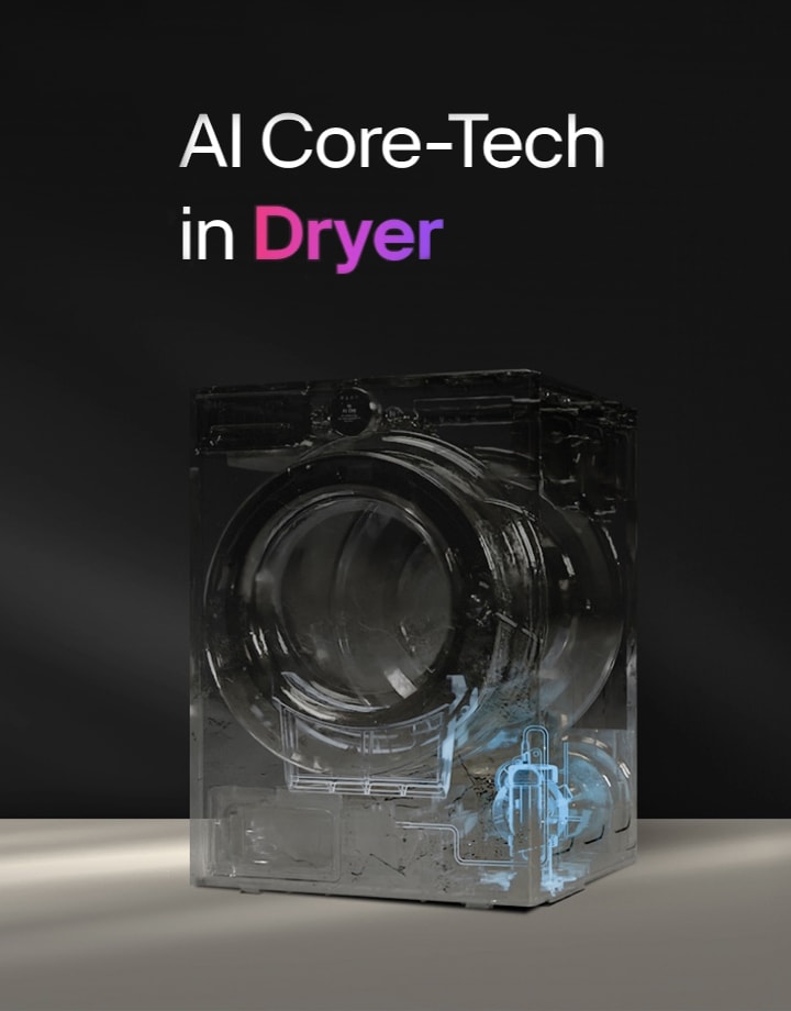An LG dryer is shown on the right with a transparent view of the illuminated Inverter component, which is then covered by the exterior. On the left, the title "AI Core-Tech in Dryer" is displayed against a dark background with a pink and purple border.