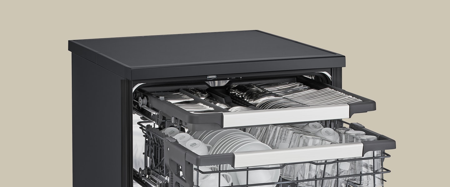 All three levels in an LG dishwasher being stacked to full capacity.