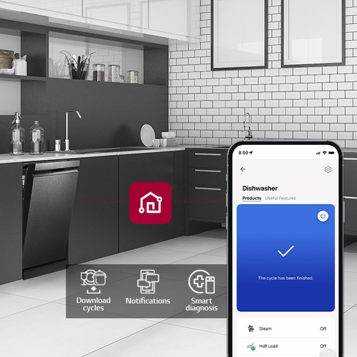 A smartphone displays LG ThinQ® in a kitchen along with 3 app features: Download Cycles, Notifications, and Smart Diagnosis. 