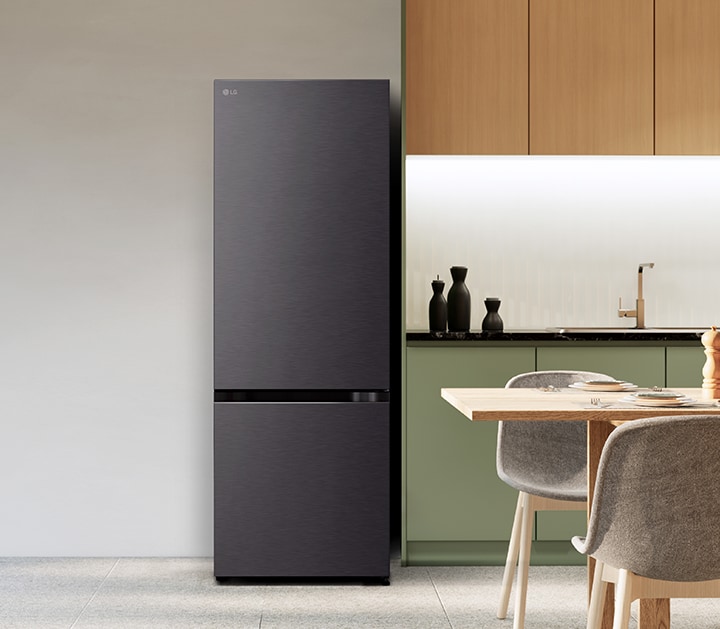 lg bottom freezer refrigerator in a modern kitchen.	