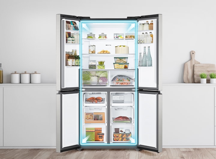 LG French Door Fridge with all 4 doors opened, showcasing its spacious interior and organized food storage.