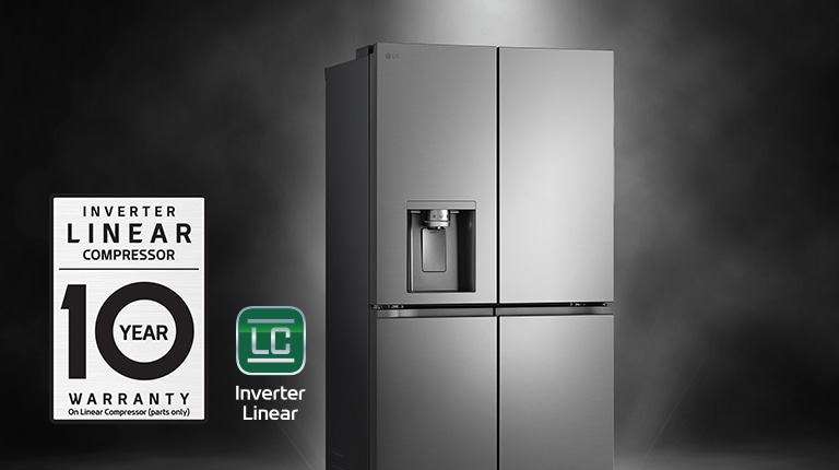 Refrigerator with 10yr parts warranty icon on black background