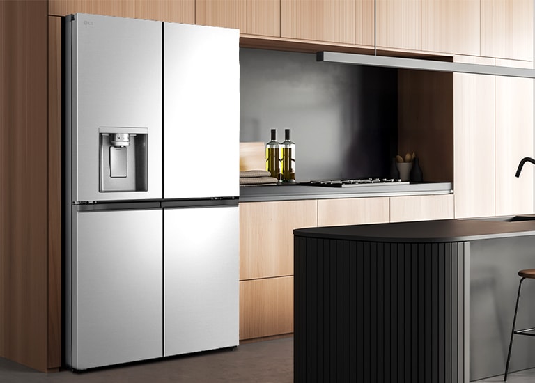 Modern kitchen interior with InstaView fridge.