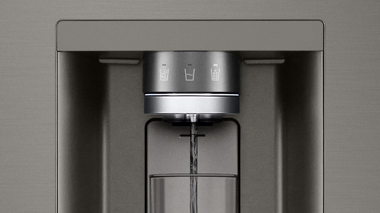 Stainless steel refrigerator water dispenser with LED touch controls pouring water into a glass.