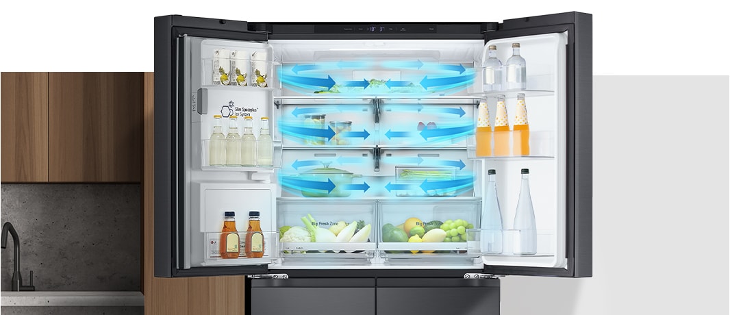 LG fridge with open doors showing shelves with bottles, fresh produce, and dynamic cooling arrows.