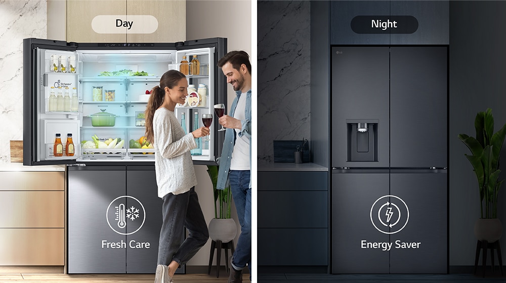 LG fridge open with fresh food in daylight, closed in dark mode at night, highlighting Fresh Care and Energy Saver.