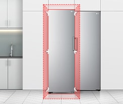 The front of a freezer is shown with blue shape and arrows pointing to demonstrate how the freezer fits in a kitchen space. 