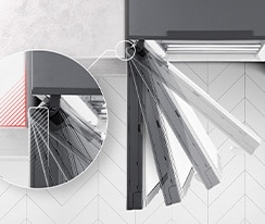 The freezer is shown from above with the door swinging out and stopped in four different places and a magnified inset of the hinges shows the hinge can be flush with the wall and never touch it when opening.