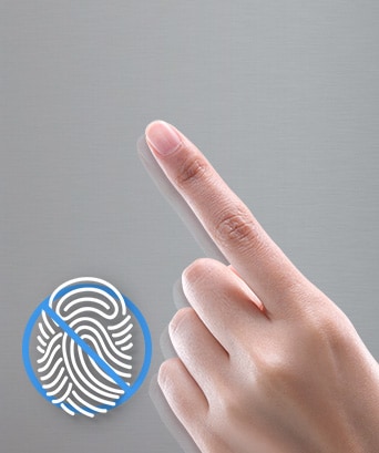 A pointed finger rests on a surface. An icon of a crossed out fingerprint is shown, this represents the fingerprint resistant finish.