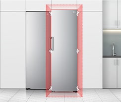 The front of a freezer is shown with blue shape and arrows pointing to demonstrate how the freezer fits in a kitchen space. 
