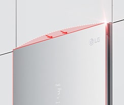 The top of the freezer is shown at an angle with two arrows pointing in toward the wall to indicate it is flush with the cabinets surrounding it.