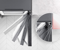 The freezer is shown from above with the door swinging out and stopped in four different places and a magnified inset of the hinges shows the hinge can be flush with the wall and never touch it when opening.