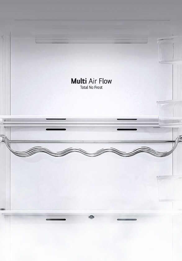 The interior of the fridge is shown empty with the wine rack and shelf in place and the back which is labeled "Metal Fresh".