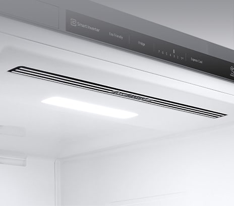 The top interior of the fridge is shown with the soft LED light bright.