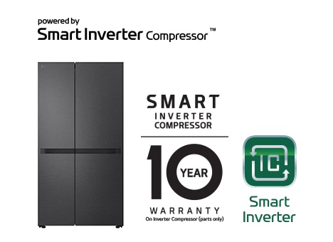 Product image with Smart Inverter Compressor™ Logo and 10 year warranty Logo.	