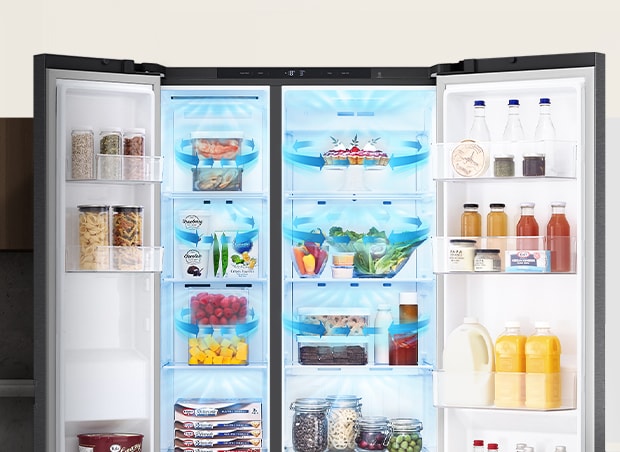 An image showing the direction of air flows in the fridge represented by blue arrows in the fridge.