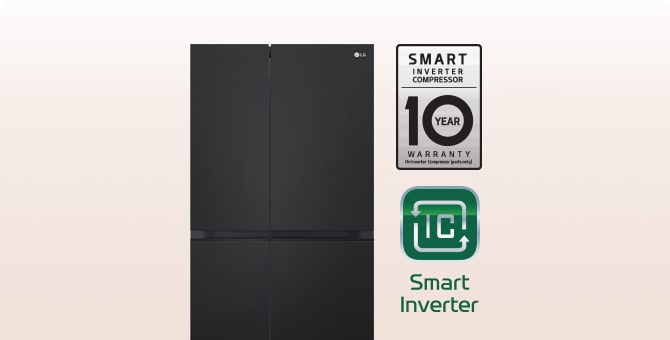 10 year warranty on the right side of the refrigerator, smart inverter logo