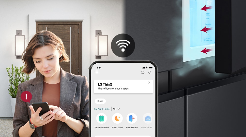 The image on the left shows a woman standing outside the house. The image on the right shows that the refrigerator door has been left open. In the foreground of the two images is the phone screen which shows the LG ThinQ app notifications and the Wifi icon above the phone.