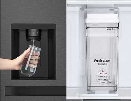 An image of a person dispensing water from the fridge on the right and an image of water container in the fridge on the left	