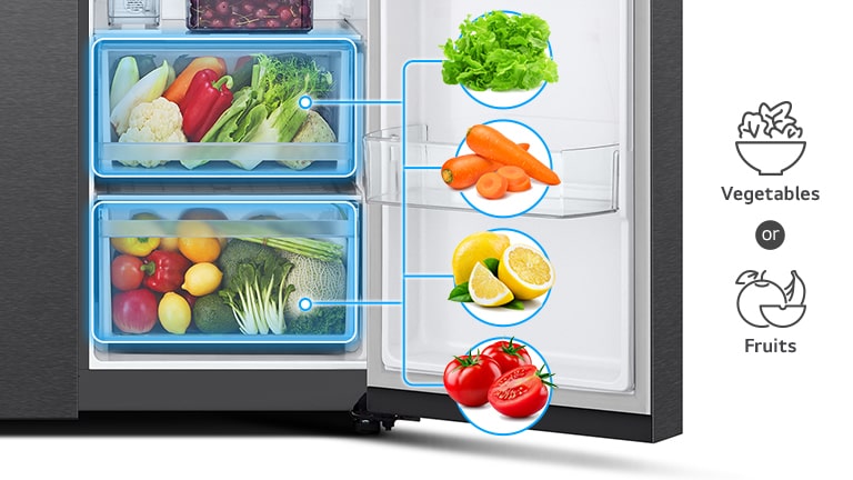 An image showing 2 bottom drawers in the fridge, filled with vegetables and fruits.	