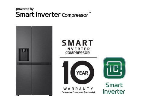 Product image with Smart Inverter Compressor™ Logo and 10 year warranty Logo.	