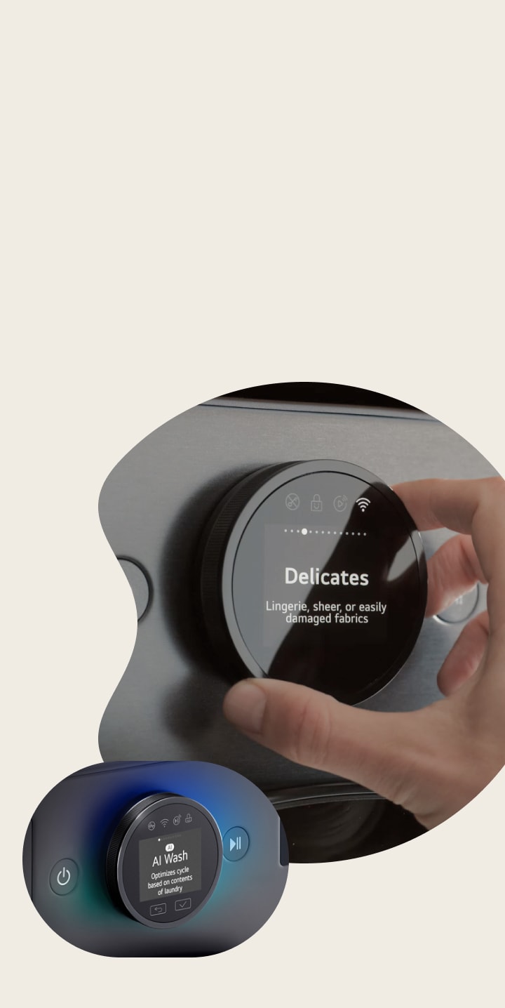 A man is adjusting an LCD display on the right, while in the image on the left, the LCD display is glowing blue.