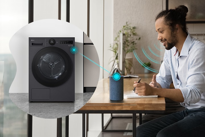 A man controlling the LG dryer with voice assistant via a speaker.