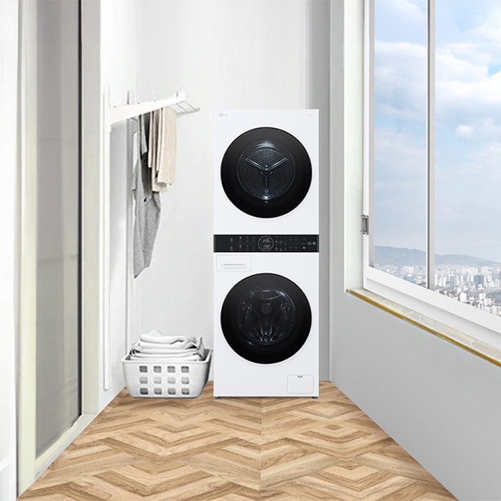 Wash tower installed in an enclosed balcony space	