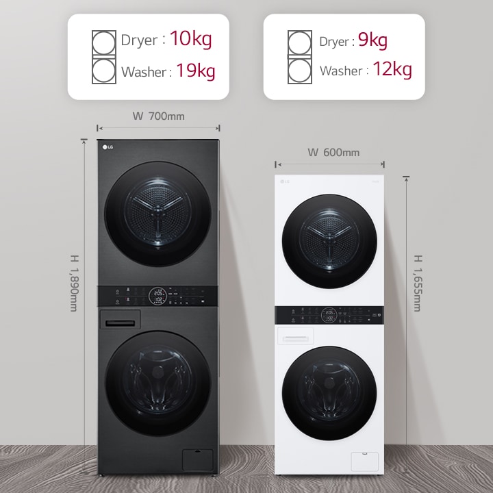 Comparison image of our larger WashTowers versus our smaller WashTowers showing the height and footprint differences.	