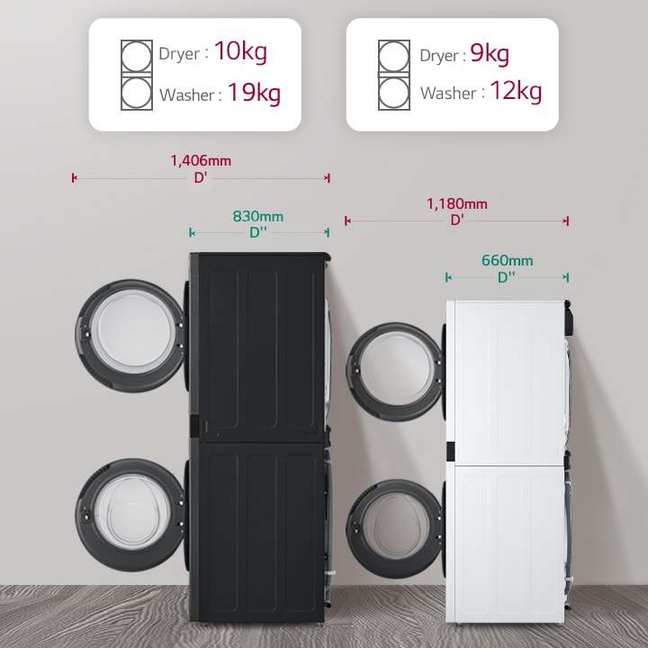 Comparison image of our larger WashTowers versus our smaller WashTowers showing the height and footprint differences.	