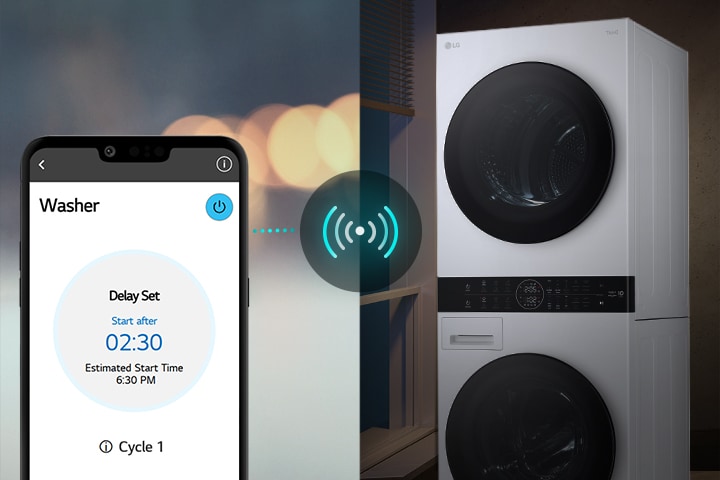 An image on the left shows a man looking down at his phone. The image on the right shows the washer at home with a green light on the display. At the centre of the two images in a picture of the screen of the phone which shows the washer on the LG ThinQ app and a connectivity icon.