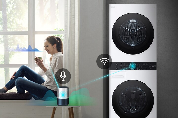 A woman sits in a window holding a drink. She speaks to the AI speaker show by a line from her to the speaker and a sound wave next to her face. The AI speaker then connects to the washer shown with a line and sound waves.	