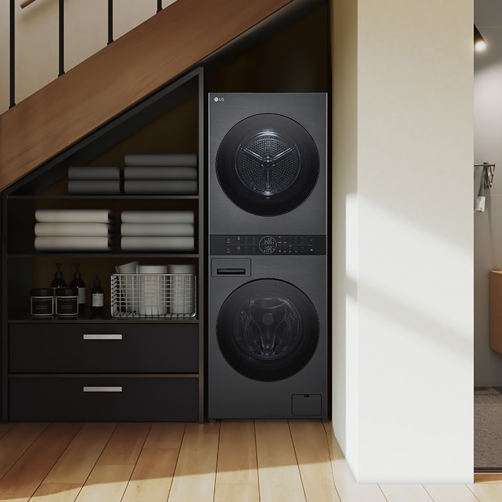 Wash Tower installed in the laundry room under the stairs on the 1st floor	wd-washtower-24-platinum-black-PDP-GP1-05-4-desktop.jpg