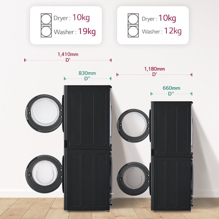 Comparison image of our larger WashTowers versus our smaller WashTowers showing the height and footprint differences.	