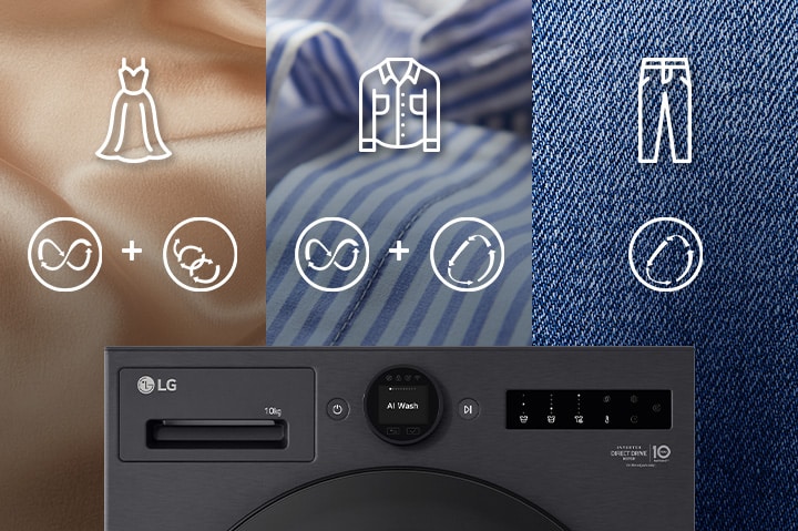 Silk, shirts, and jeans fabrics are shown and AI Wash features are described.