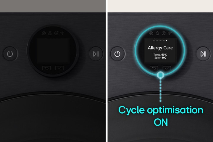 Dial shows the function course scrolling. Cycle optimisation is turned on and Allergy Care course is automatically set