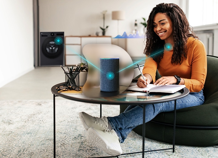 A woman is talking to a smart speaker about a washing machine.