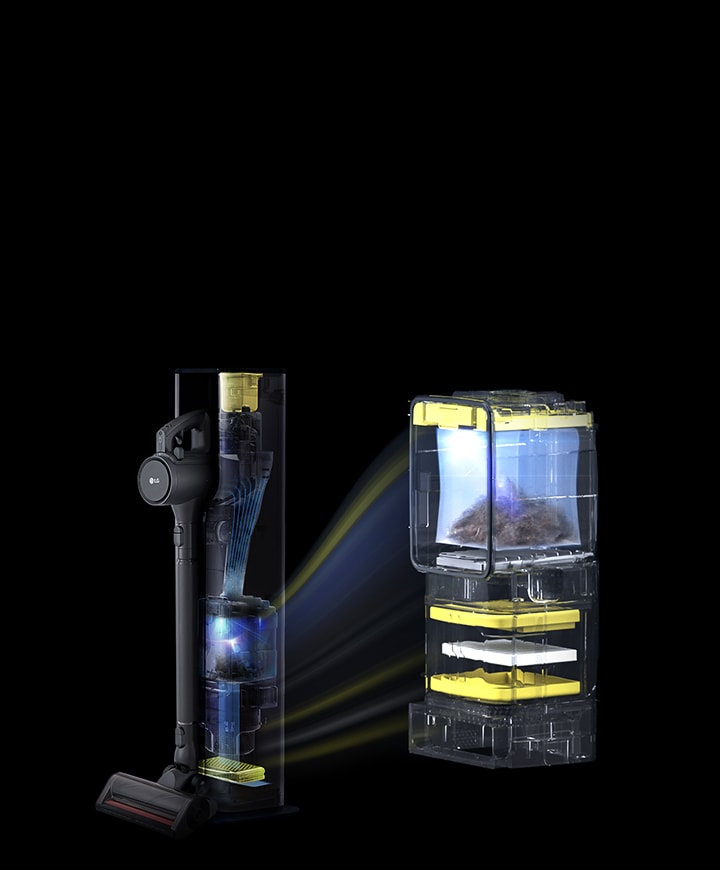 Internal view of auto-emptying compartment with filters highlighted.